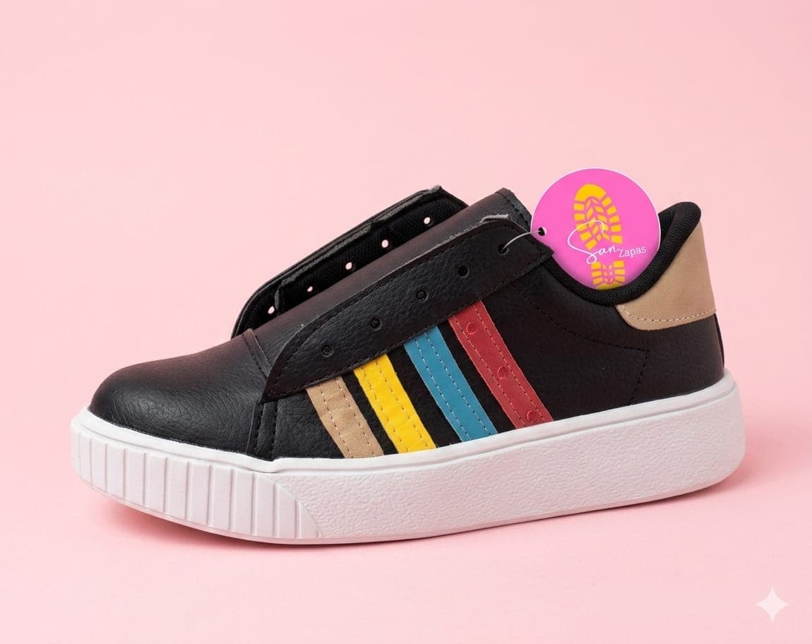 zapas EcoCuero negras c/ tiras de colores
